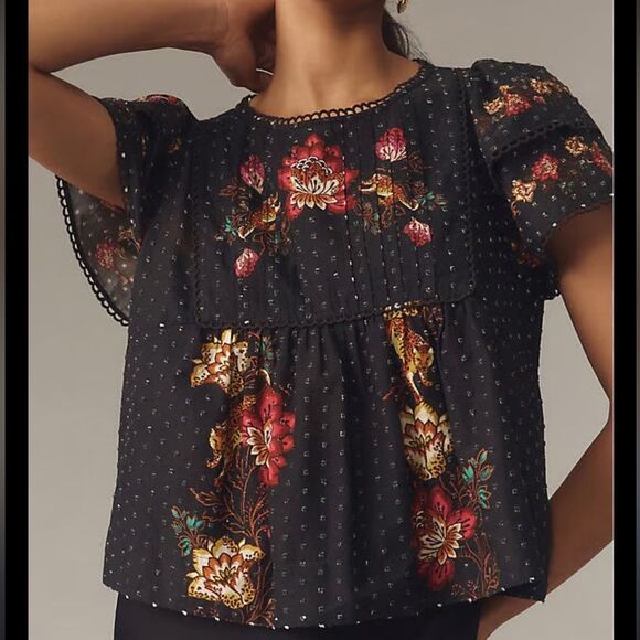 Farm Rio x Anthropologie Flutter Sleeve Textured Blouse in Black-NWOT - Picture 1 of 9